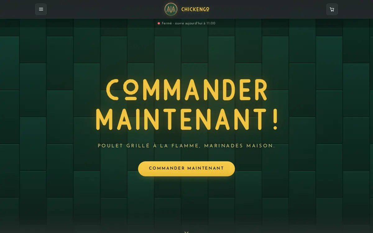 Page d'accueil du site de commande de Chickengo (Issy-les-Moulineaux) sur ordinateur