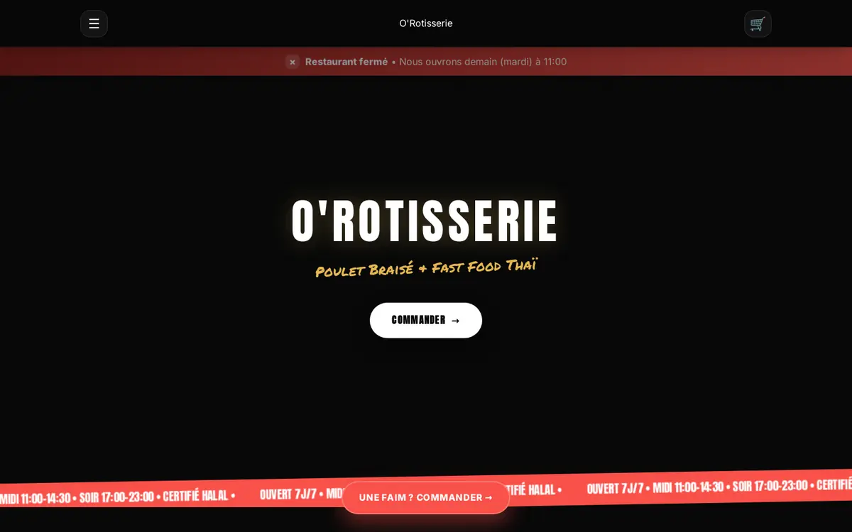 Page d'accueil du site de commande de O'Rotisserie (Montbéliard) sur ordinateur